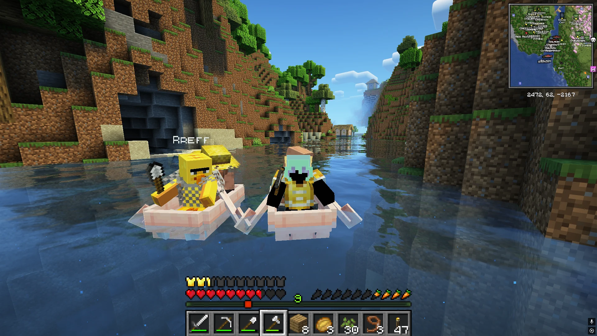 شخصياتنا في Minecraft جالستان جنبًا إلى جنب في القوارب